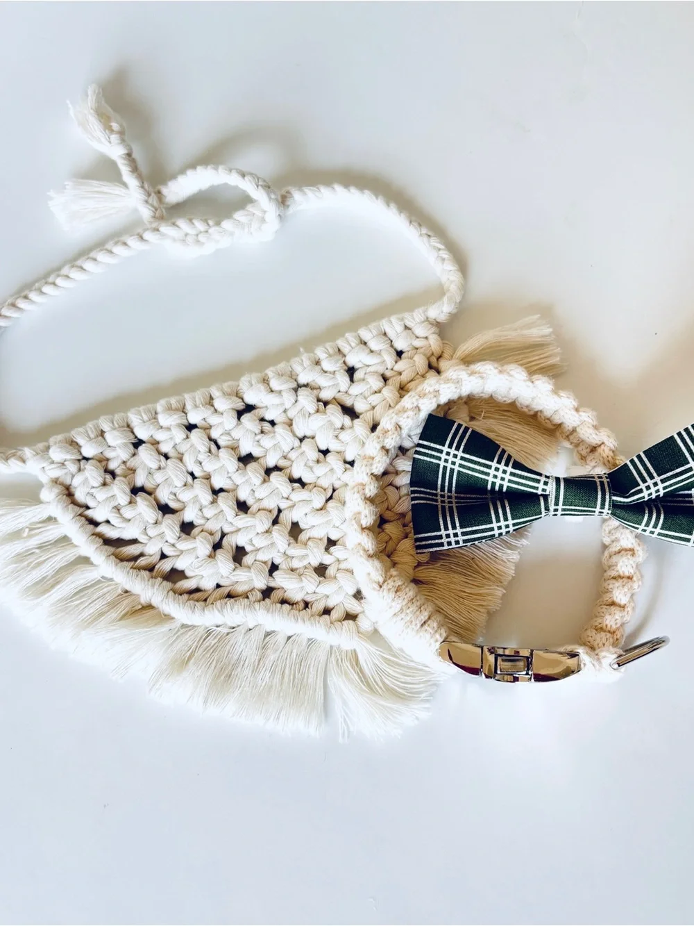 Cream Bandana Set - Collar, Bandana and Green Plaid Bow.